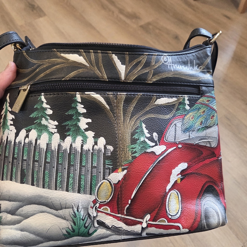 Anuschka Hand-Painted Leather Crossbody Peacock Winter Tree Design Colorful Art - Picture 6 of 13